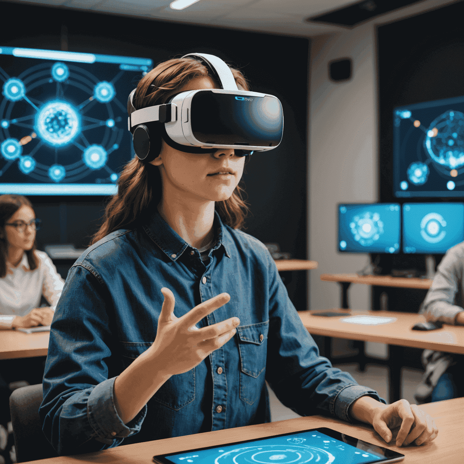 Ein Schüler mit VR-Brille, der in einem virtuellen Klassenzimmer interagiert. Im Hintergrund sind holografische Darstellungen von wissenschaftlichen Konzepten zu sehen.