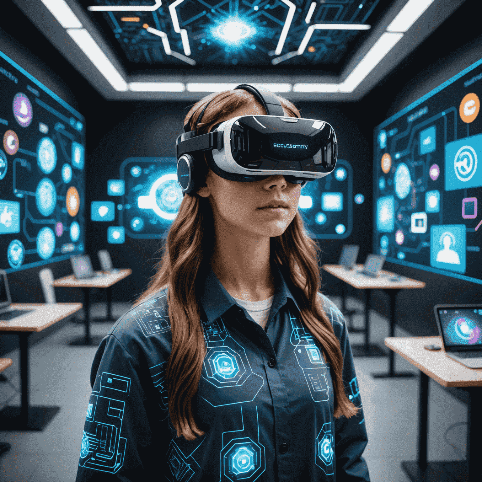 Ein Student mit VR-Brille, umgeben von 3D-Hologrammen verschiedener Lerninhalte. Im Hintergrund sind futuristische Klassenzimmer zu sehen.