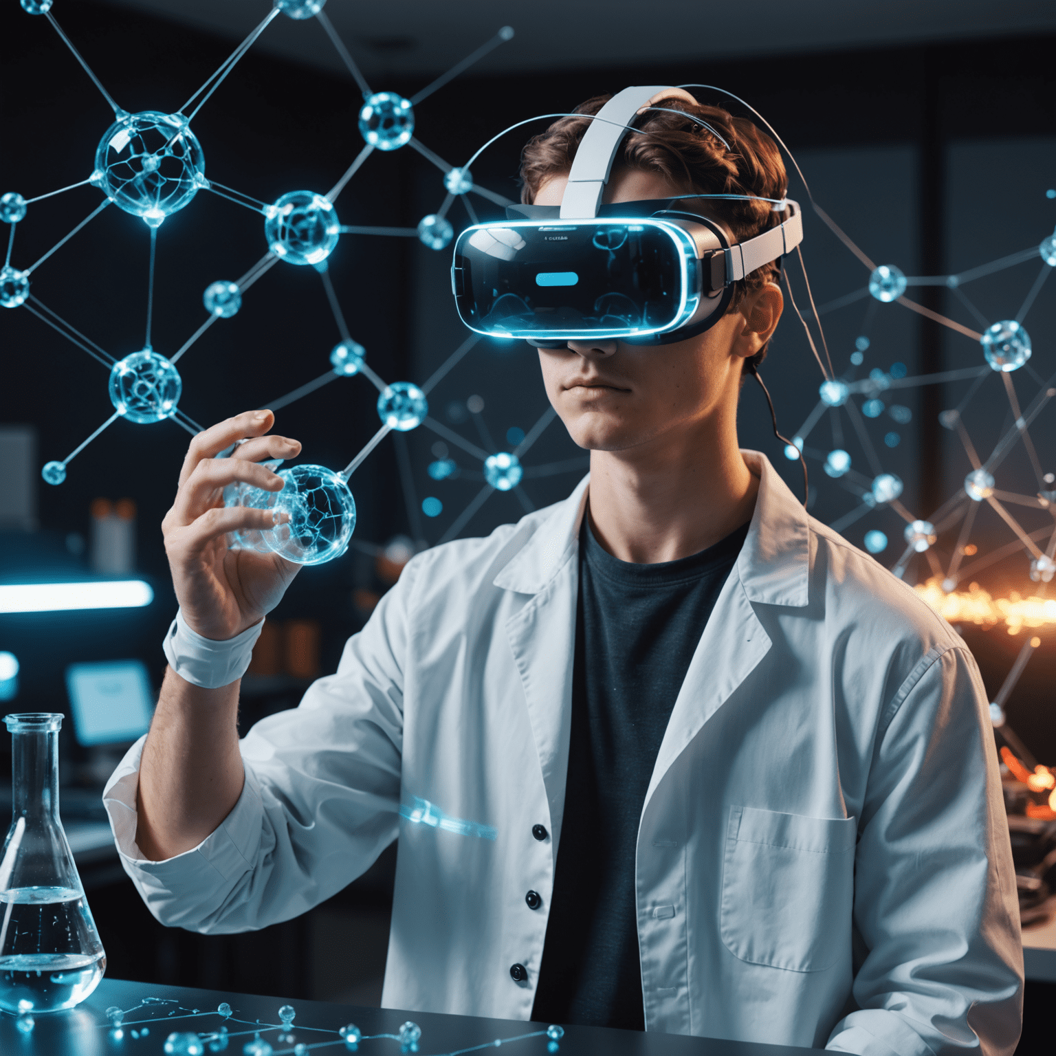 Ein Student mit VR-Brille, der in einem virtuellen Labor ein komplexes chemisches Experiment durchführt. Um ihn herum schweben holografische Molekülstrukturen und Datenvisualisierungen.