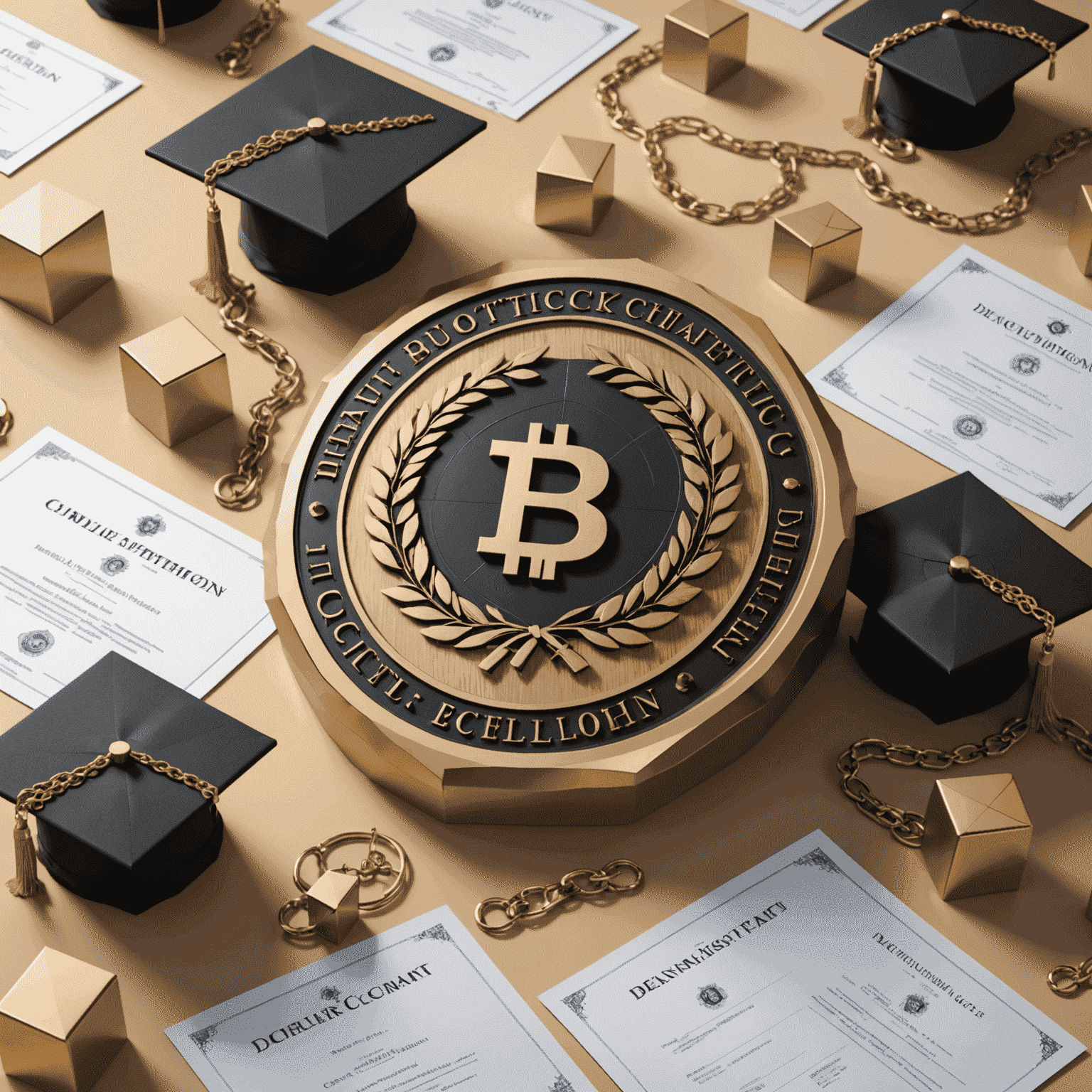 Eine Visualisierung von Blockchain-Technologie, die akademische Zeugnisse und Abschlüsse als verknüpfte Blöcke darstellt. Universitätslogos und Diplome schweben über der Kette.