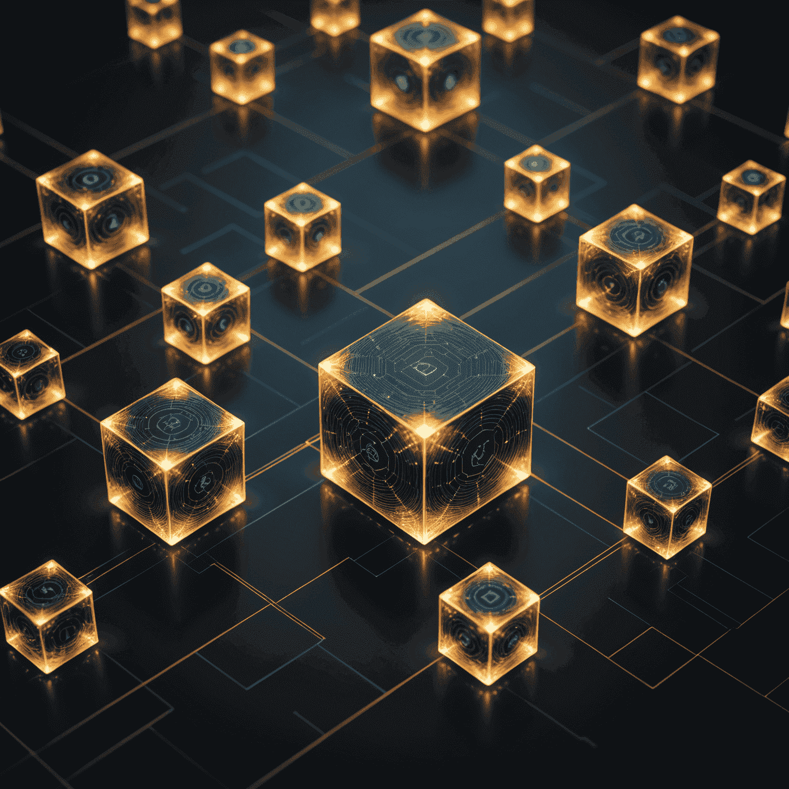 Eine Visualisierung von Blockchain-Blöcken, die akademische Abschlüsse und Zertifikate enthalten, verbunden durch leuchtende Linien